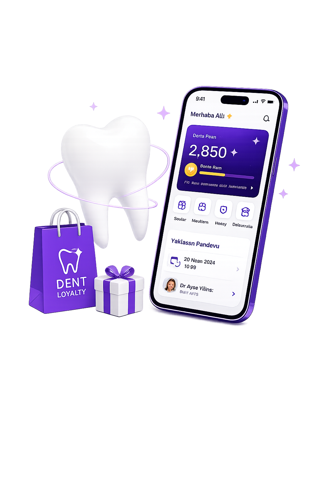 Dent Loyalth mobil uygulaması, diş, alışveriş çantası ve hediye görseli